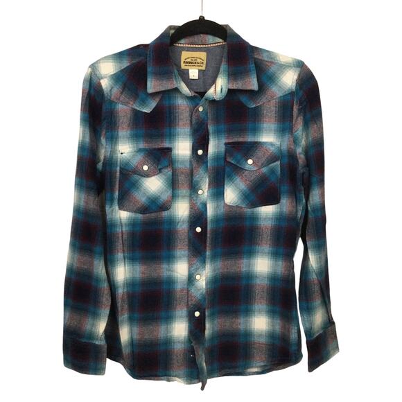 Roebuck and Co Western Pearl Snap Cowboy Rodeo Blue Plaid Flannel Shirt Men's S - Picture 1 of 13